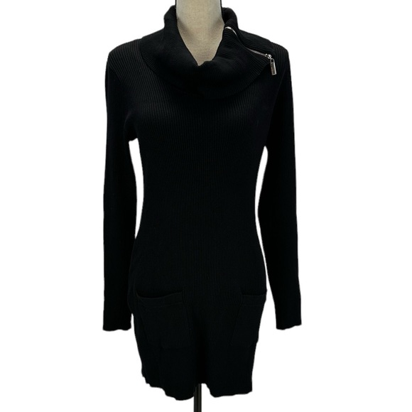 BCX Long Sleeve Zippered Cowl Neck Bodycon Long Sweater - Black - size Large - Picture 1 of 11